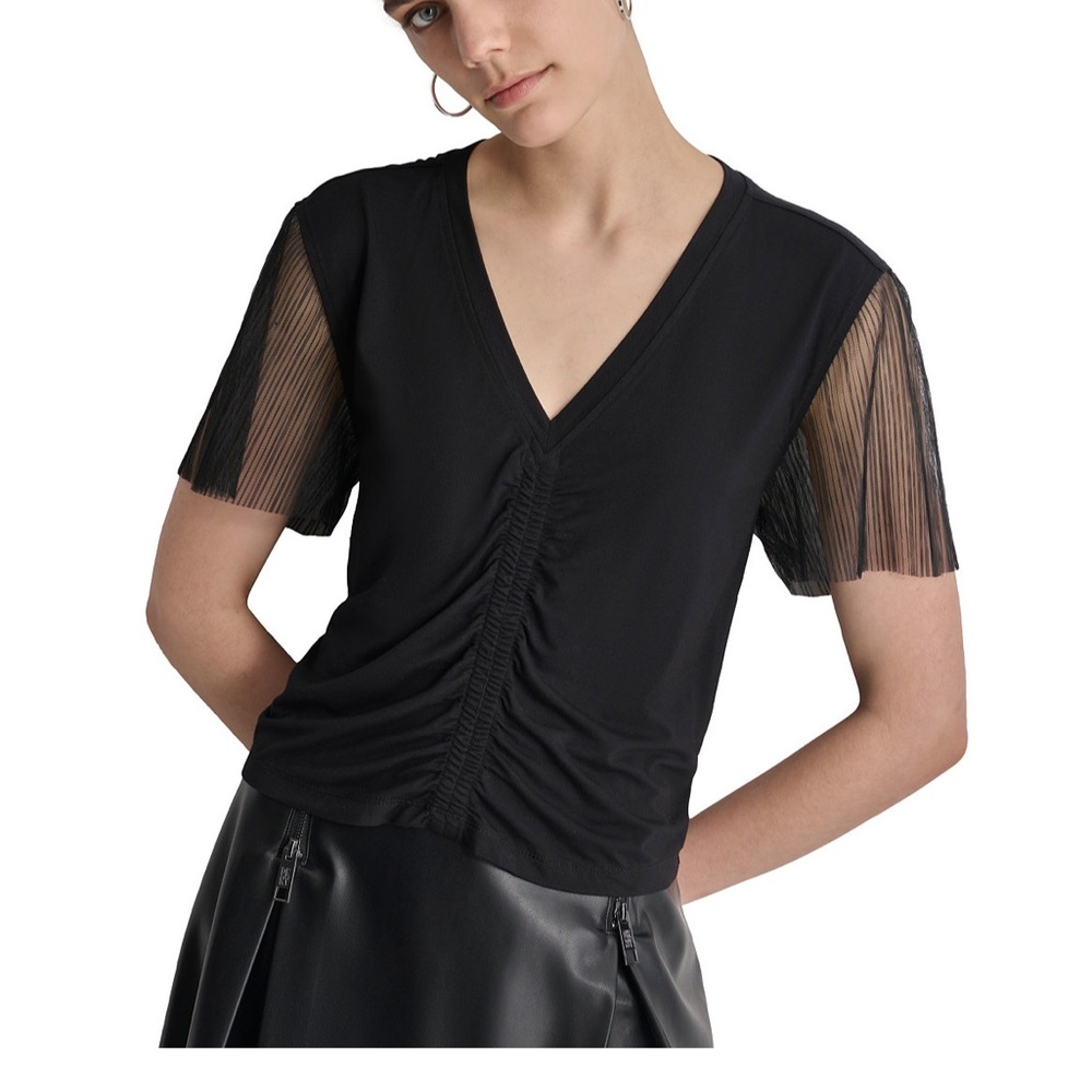DKNY Whimsigoth Black Top with Sheer Mesh-Sleeves 🐦‍⬛🗝️ Size S